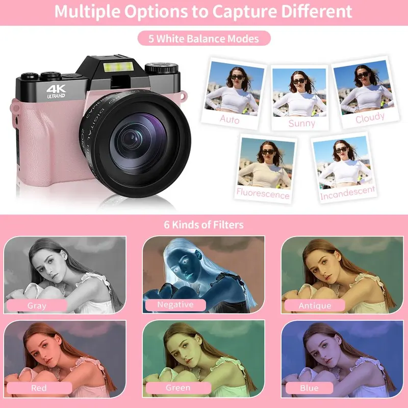 GLOBAL PICK 4K Digital Camera with 180° Flip Screen, 16X Digital Zoom Vlogging Camera, Autofocus Camera, Including Wide Angle & Macro Lens, 32GB TF Card, Ideal Gift Choice, Photographic Kit 8