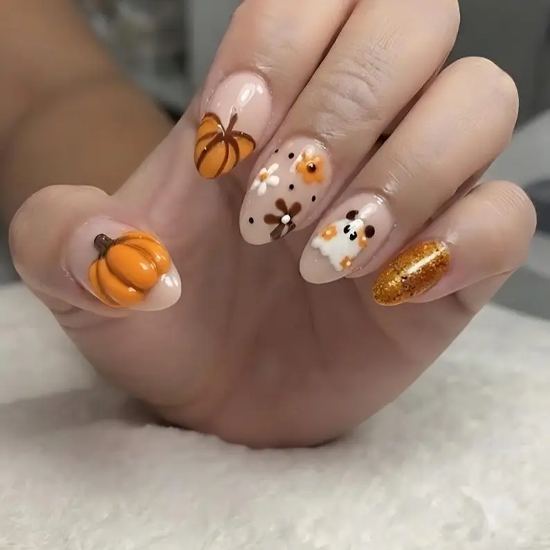 Pumpkin Ghost Press On Nails, Cute Fall Halloween Nails, Autumn Almond Nail Set, Orange Glitter Nails, Handmade Press On Nails