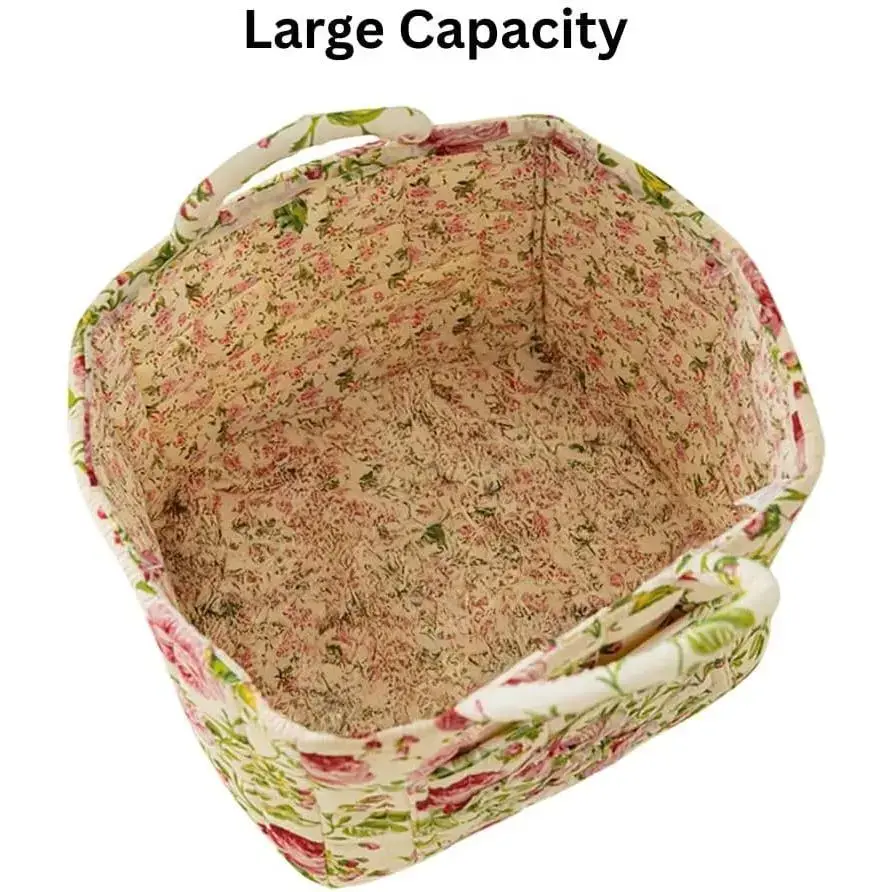 Quilted Fabric Storage Basket with Handles – Boho Foldable Floral Organizer Bin for Home, Picnic, Shopping, Travel 13"x11"x10" (Rose Cream) Quilted Fabric Storage Basket with Handles – Boho Foldable Floral Organizer Bin for Home, Picnic, Shopping, Travel 13"x11"x10" (Rose Cream)