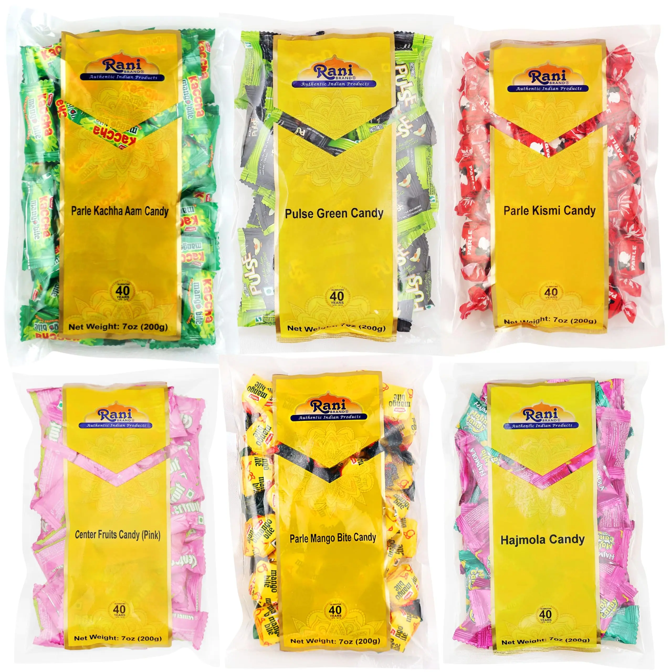 Rani Assorted Candies 7oz (200g) Pack of 6, Mango Bite, Kachha Aam, Kismi, Pulse Green, Hajmola, Center Fruits Candy ~ Indian Tasty Treats | Vegan | Gluten Friendly | NON-GMO | Indian Origin