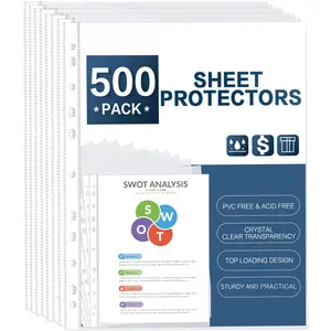 Sheet Protectors,  500 Pack Clear Heavy Duty Plastic Page Protectors Sheet Reinforced 11-Hole Fit for 3 Ring Binder Fits Standard 8.5 x 11 Paper, 9.25 x 11.25 Top Loaded, Excluding Acid