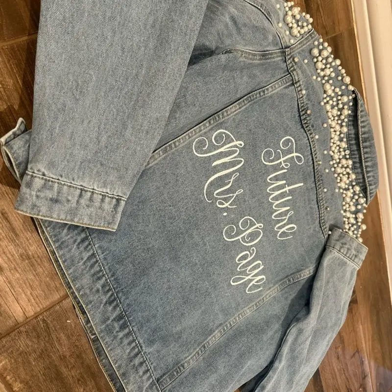 Mrs Custom Wedding Bridal Denim Jacket with Pearls, Customizable with Dates, Heat Press Glitter, Personalized Autumn, Gifts for Weddings and Anniversaries - Matching, Coats, Print, Womenswear, Casual, Birthday, Customized, Tops, Check