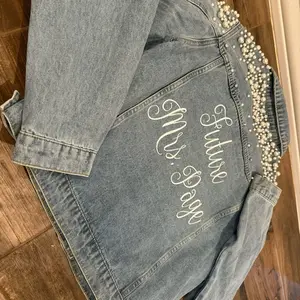 Mrs Custom Wedding Bridal Denim Jacket with Pearls, Customizable with Dates, Heat Press Glitter, Personalized Autumn, Gifts for Weddings and Anniversaries - Matching, Coats, Print, Womenswear, Casual, Birthday, Customized, Tops, Check