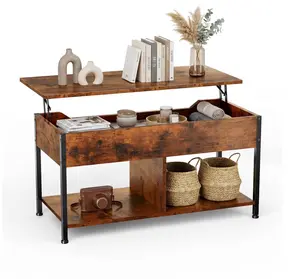 Lift Top Coffee Table with Storage 39" Center Table with Hidden Compartment & 2 Shelves Farmhouse, Wood Coffee Table for Living Room with Sturdy Lift-Top Adjustable Feet，Brown