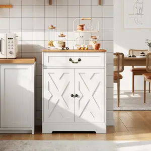 57 Inch Modern Farmhouse Sideboard Buffet Cabinet with 2 Drawers and Adjustable Shelves, Large Kitchen Storage Cabinet, Dining Room Coffee Bar Organizer, White Finish.