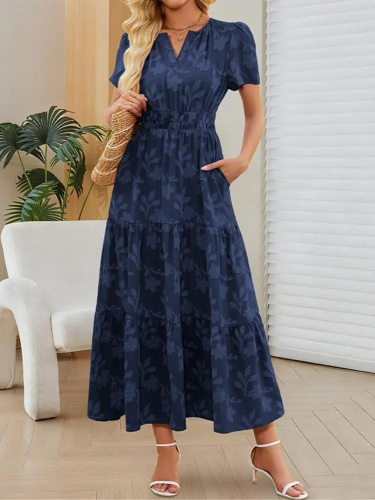 Women's Burnout Floral Maxi Dress, V-Neck Short Sleeve Smocked Empire Waist A-Line Summer Wedding Guest Dress with Pockets