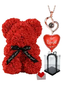 Handmade 25cm Eternal Flower Rose Teddy Bear + Necklace Gift Set, Ideal for Dates, Valentine's Day, Anniversary, Birthday