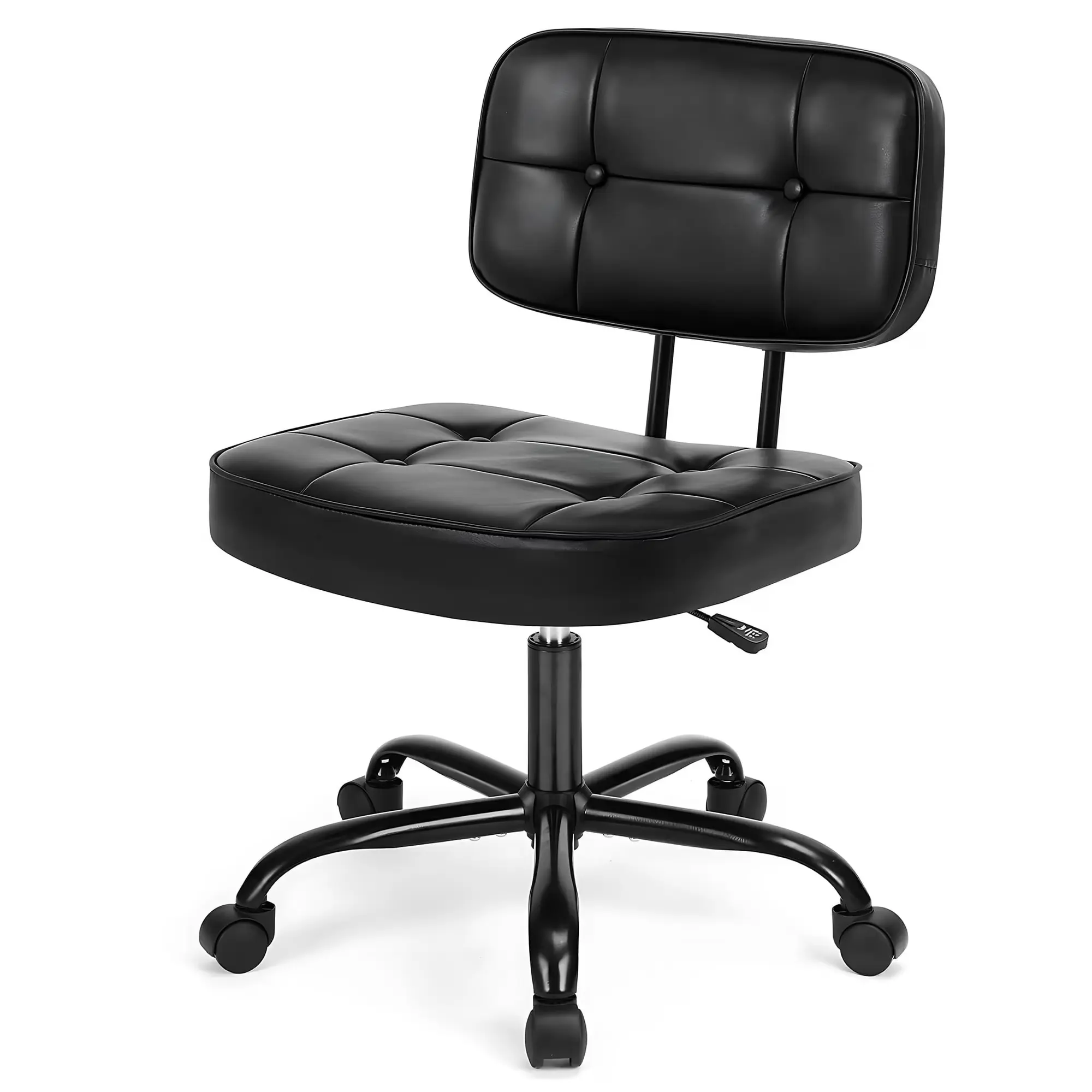Black Low Back Armless PU Leather Desk Chair, Height Adjustable Rolling Task Chair with Lumbar Support, Compact Wheeled Swivel Office Chair for Home, Bedroom and Workspace