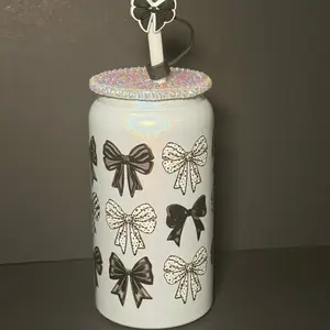 16oz Black and White Stainless Steel Bow Cup with Sparkly Lid and Elegant Bow Design