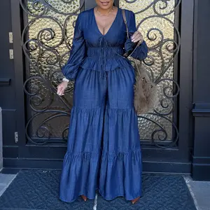 CHICME Women's 2-Piece Fitted Denim-Look Soft Casual Clothes Set - Feminine V-Neck Lantern Sleeve Adjustable Drape Drawstring Front Top, Elastic Waist Wide Leg Flared Ruffled Hem Pants, Elegant Street Style Wedding Guest Women's Clothes