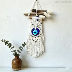 Turkish Blue Evil Eye Pendant, Handmade Cotton Thread Woven Wall Hanging, Trendy INS Style Home Decor, Exquisite Tapestry Ornament, Lovely Art Decoration, Perfect for Kids Room Bedroom Living Room Aesthetic Scene Layout