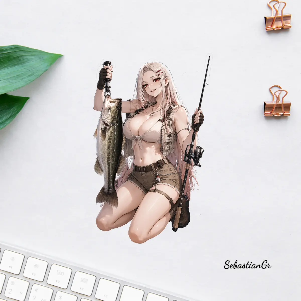 Anime Fishing Girl Sticker, Bass Fishing Vinyl Decal, Waterproof Laptop Water Bottle Sticker