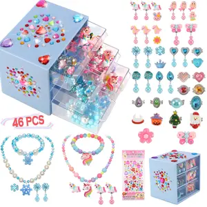 Princess Jewelry Set, 46pcs/set Including Earrings, Necklaces, Beaded Bracelets, Jewelry Storage Box, Pretend Play Toy for Girls, Earring Stacking Set
