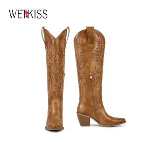 Wetkiss Womens Cowboy Boots Side Zipper Dark Brown Cowgirl Knee High Retro Tall Cowgirl Vintage Embroidery Pointed Toe Chunky Heel Ladies Red Tall shoes,Women's Shoes,Women's Boots #WeeklyDeals#TikTokShopDealsforYouDays#DealsForYouDays#SummerWins