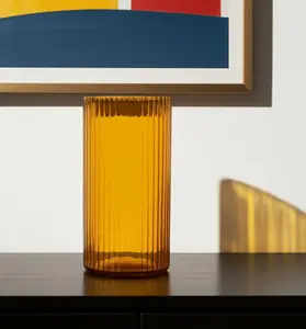 360 stand 11 in. Handmade Decorative Modern Amber Glass Ribbed Cylinder Table Vase - Decorative Vase for Flowers, Minimalist Home Decoration for Room, Ideal Gift for Home Supplies Enthusiasts