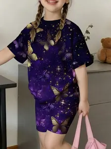 Girls Purple Butterfly Galaxy Print Short Sleeve T-shirt and Shorts Set