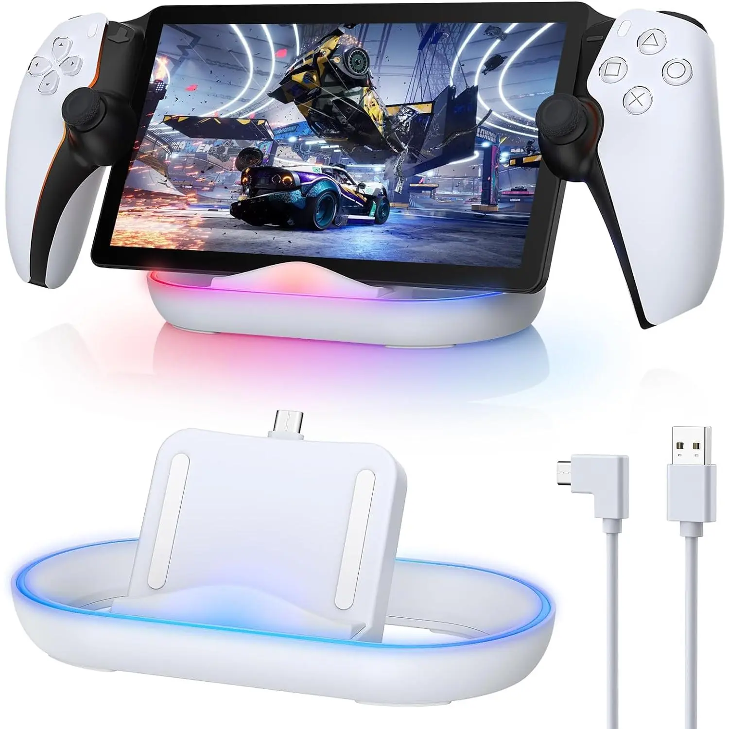 Charging Stand for PS Portal Remote Player, Portable Charge Dock Station with 14 RGB Light Modes and Type-C Cable, Charge Base Holder Accessories for  5 Portal Console