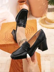Women's Fashionable Solid Color Elegant Square Toe Slide Heel Wedge Mary Janes Pumps, Casual Comfortable Thick Heeled Shoes for Daily Wear, Lightweight Breathable Shoes for Women & Girls, Classy