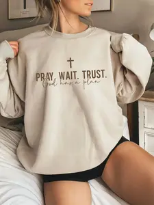 Women's Pray Wait Trust Faith Hoodie, Simple Cross, God Has A Plan, Loose Round Neck Top, Casual, can be layered as inner wear, worn alone when going out, suitable for all daily outings.