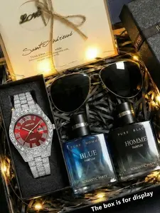 Multi piece men's watch Stainless Steel Watches gift perfume and sunglasses Versatile Valentine's Day gift bag Super quartz watch combination set