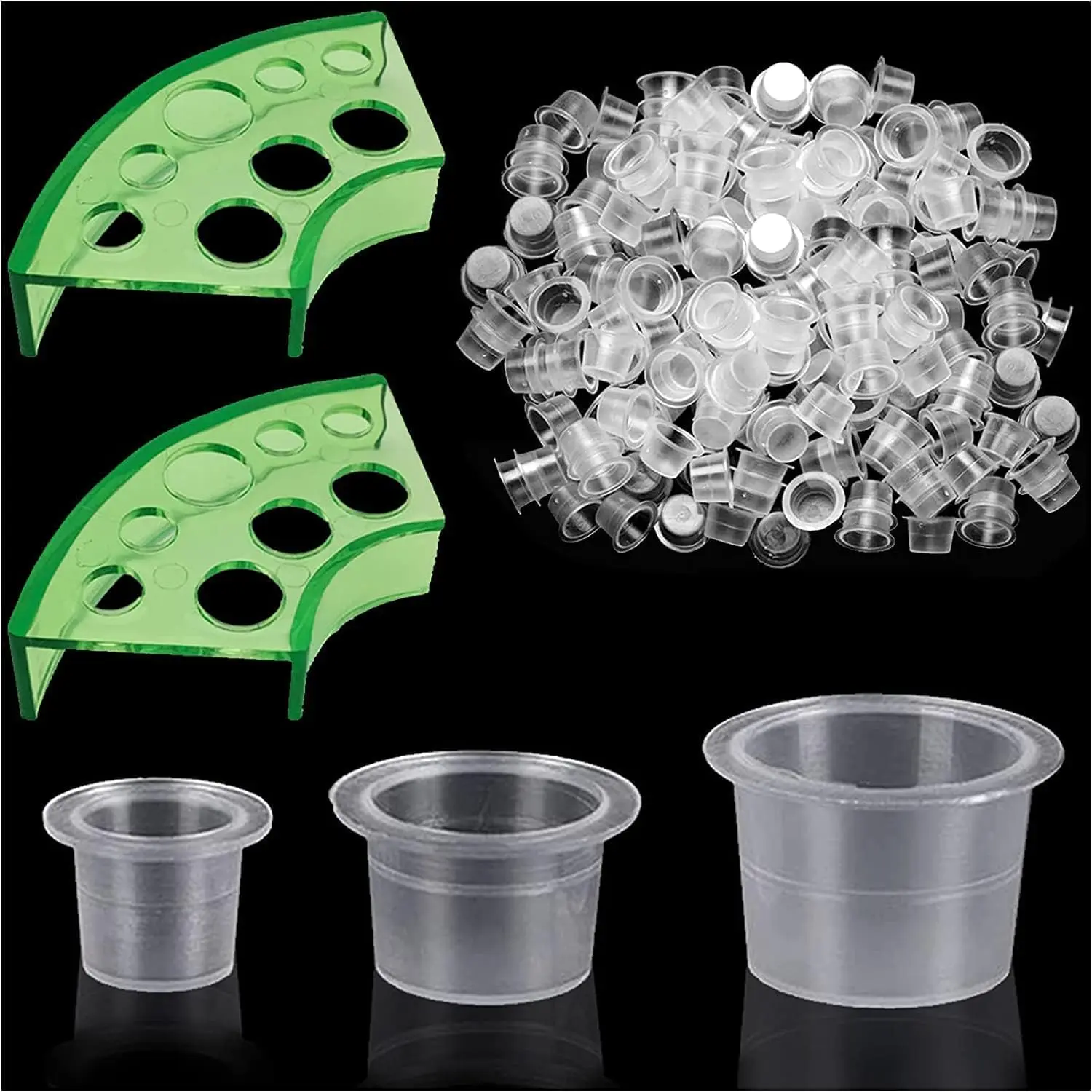 Joxpring 300pcs Tattoo Ink Caps with 2 Cups Holders - 100 Small 100 Medium 100 Large Tattoo Ink Cups +2 Cups Holders for Tattoo Ink Permanent Makeup Container Cap Tattoo Accessory