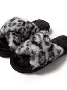 Crossed Leopard Print Indoor Home Warm Toe-Exposed Slippers for Men Women Couple, Cozy Fuzzy Open-Toe Shoes for Comfortable Wear House Slippers Leopard Pattern Slippers Open Toed Slippers