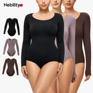 Nebility Women's Seamless Round Collar Long Sleeve Bodysuit Basic Stretch Jumpsuit Minimalist Plain Shapewear Womenswear