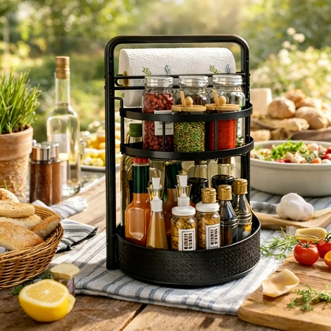 2-Layer Cylindrical Iron Rotating Spice Rack with Paper Towel Holder, Adjustable Metal Countertop Caddy, Rust-Resistant Easy-Clean 360-Degree Kitchen Organizer for Cabinet Bottle Storage, Ideal for Campers & Office Inspo
