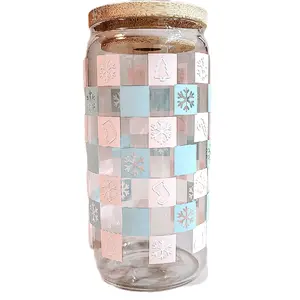 Holiday Glass Can with Bamboo Lid and Plastic Straw - Perfect Christmas Gift - Cup, Christmas Gift