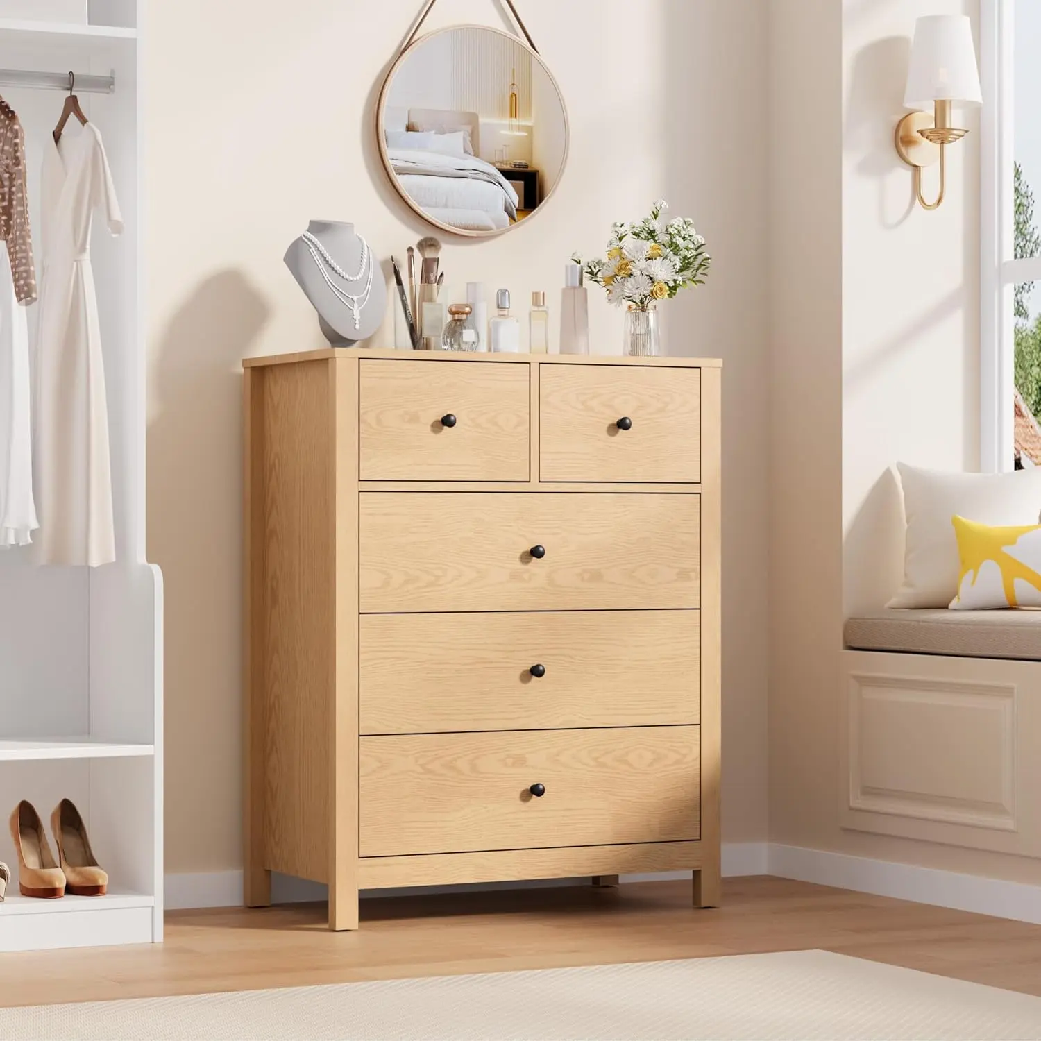 【Christmas Gift】Natural Oak Dresser for Bedroom Tall 5 Drawer Dresser with Deep Drawers Metal Knobs Modern Wooden Double Chests of Drawers for Kids Bedroom Entryway Hallway