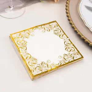20-Pack Paper Beverage Napkins 3 Ply White with Gold Foil Lace Design 5"x5" - Soft European Style Wedding Napkins 18GSM