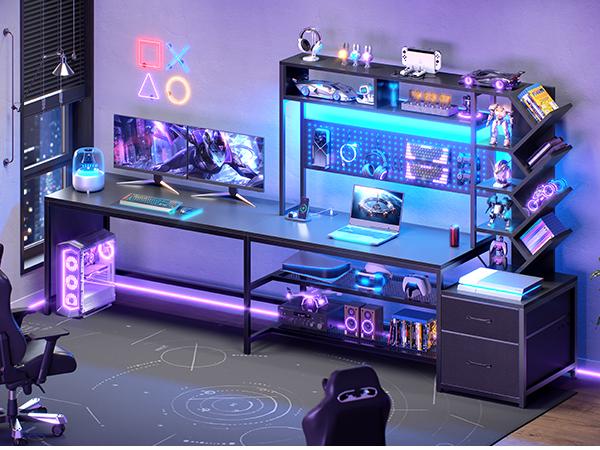 SEDETA L Shaped Gaming Desk with Hutch, Convertible 97.6" Two Person Office Desk with Drawers and Bookshelf, Corner Computer Desk with Power Outlet, LED Lights, Pegboard