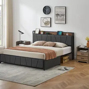 Garvee Twin Bed Frame - Modern Upholstered Platform Bed with Padded Headboard, Wooden Slats, Sturdy Metal Frame, No Box Spring Needed, Under Bed Storage, Linen Gray, King Size