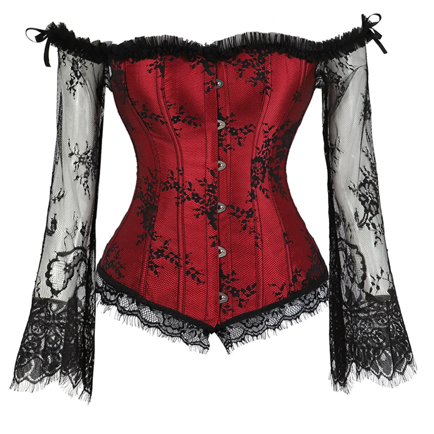 Women's Vintage Lace Floral Sleeved Corset Top with Bustier Tank Overlay - Fashion Fairy Cosplay Clothes for Halloween, Cropped