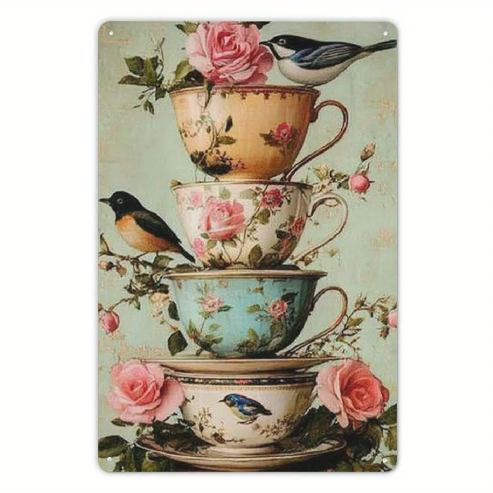 1pc 2D Flat 8*12in Vintage Hummingbird and Floral Metal Wall Art - Rustic Tea Cup Bird Decor, Hanging Sign Suitable for Home, Office, Cafe, Library, Modern Farmhouse Style