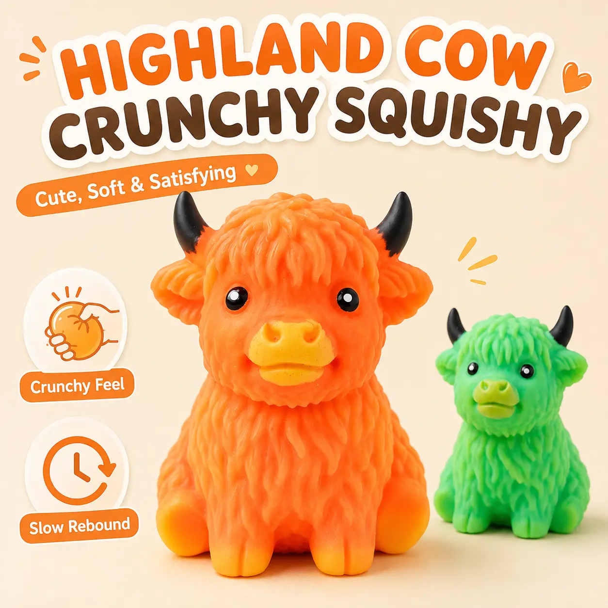 Cute Highland Cow Crunchy Squishy Toy, Slow Rebound Animal Squeeze Toy, Soft Sensory Stress Relief Fidget Toy, Adorable Cow Desk Toy and Fun Gift