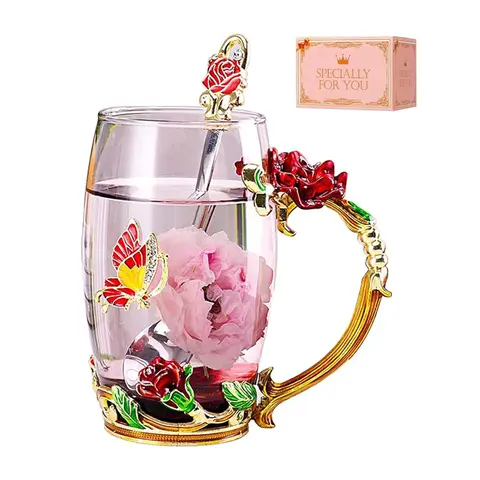 Lead-Free Enamel Mug & Reusable Drinkware Glass Set with Spoon, Butterfly Rose Design Handcrafted Cup, Vintage Elegance, Ideal Christmas Gift for Women Teachers & Best Friends, Kids’ Gift for Sister, Enamel Mugs