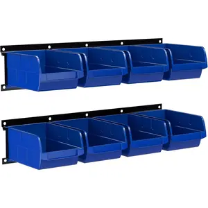 wall mounted garage storage bin,  Rack, Plastic  Stackable Storage Bin, Hardware Tool Organizer for workshop, Craft Room, school and Shop, 8 Bins&2 Rails (Blue), Large