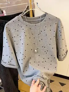 Women's Polka Dot Random Print Round Neck Fitted T-Shirt, Casual Short Sleeve, Comfortable, Elegant and Aesthetic, Perfect for Dates, Parties, and Commuting, Tops, Womenswear