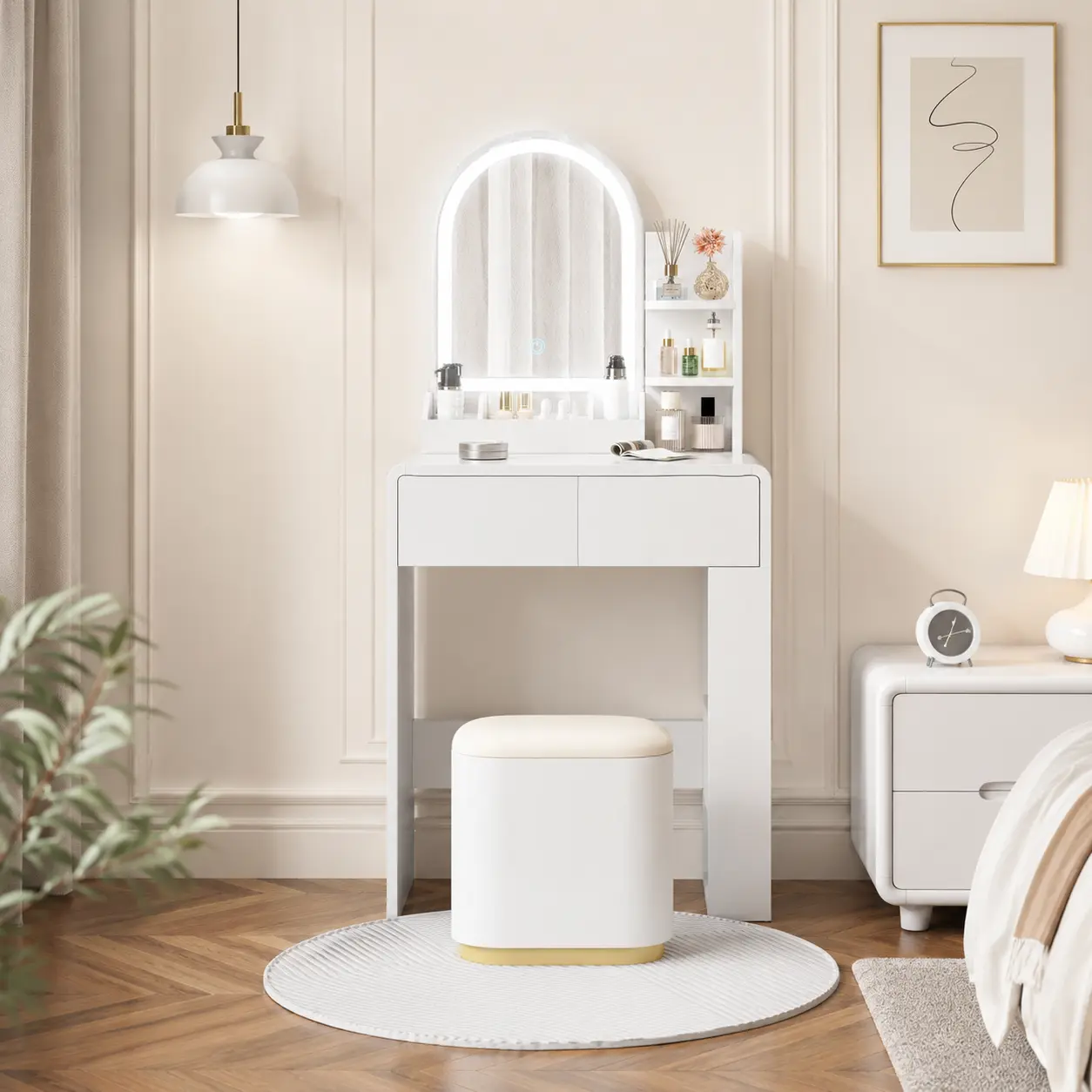 Women's Small White Curved Vanity Desk with Adjustable 3-Color Dimmable LED Mirror, Curved Tabletop, Side Shelf Storage, 2 Drawers for Bedroom, Everyday Beauty Routines