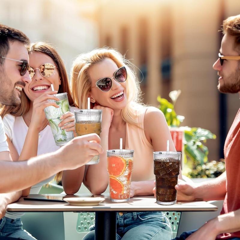 Ribbed Glass Cups with Lids & Straws, Set of 2 Thick Glass Tumblers for Iced Coffee, Smoothies, Juice & Cocktails