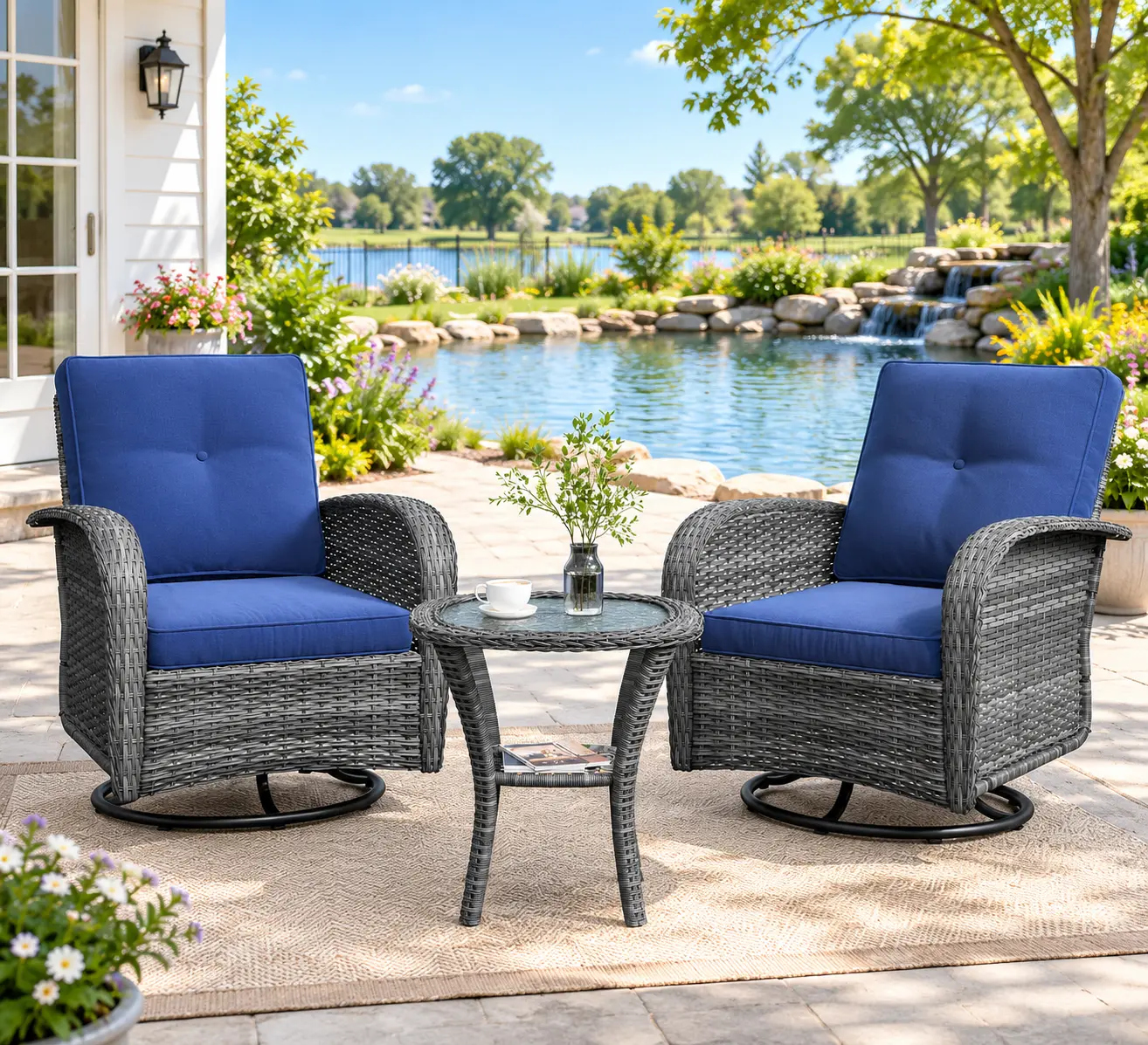 Aoxun 3 Pieces Patio Furniture Set, Patio Swivel Rocker Chairs Set of 2, Wicker Outdoor Bistro Set with Rocking Chair, Thickened Cushions and Table for Porch