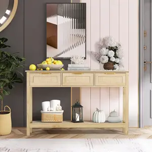 LAZZO Rattan Console Table Boho Entryway Table Narrow Long Sofa Table Hallway Foyer Behind Couch Table with 3 Drawers and Open Storage Shelf for Living Room and Corridor Natural Wood