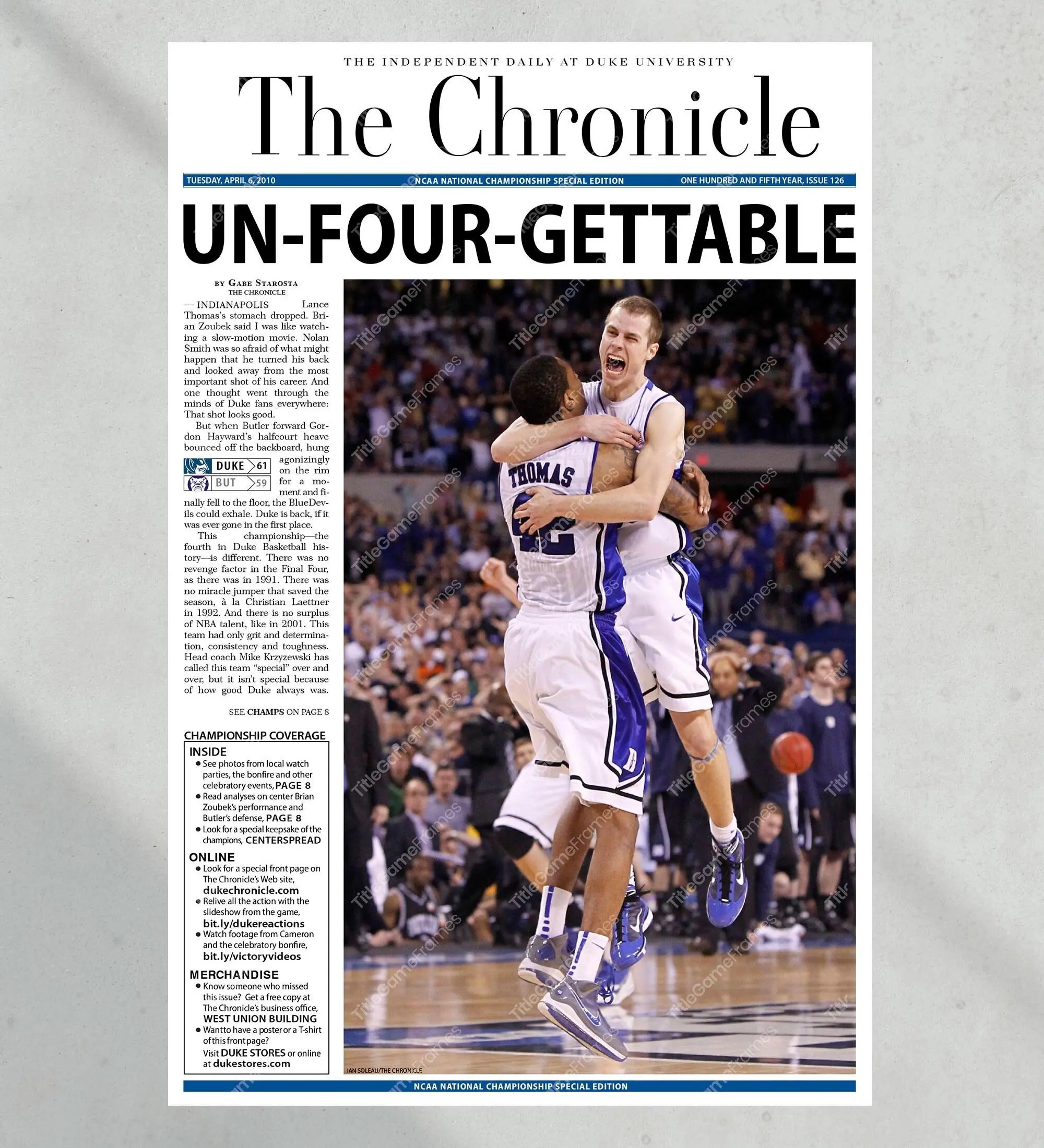 2010 Duke Blue Devils “Unfourgettable” NCAA College Basketball National Champions Unframed Poster Print