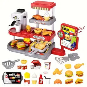 Children Interactive Realistic Coffee Drink Ice Cream Burger Fries Set, Kitchen Pretend Play Set, Boys Girls Fast Food Supermarket Cash Register Toy, Birthday Gift