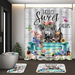 LVRLVR 4Pcs Farmhouse Highland Cow Pig Donkey with "Hello Sweet Cheeks" Print Rustic Floral Multi-Color Shower Curtain Set Bathroom Shower Curtain Sets Washable 70.8×70.8 Inch