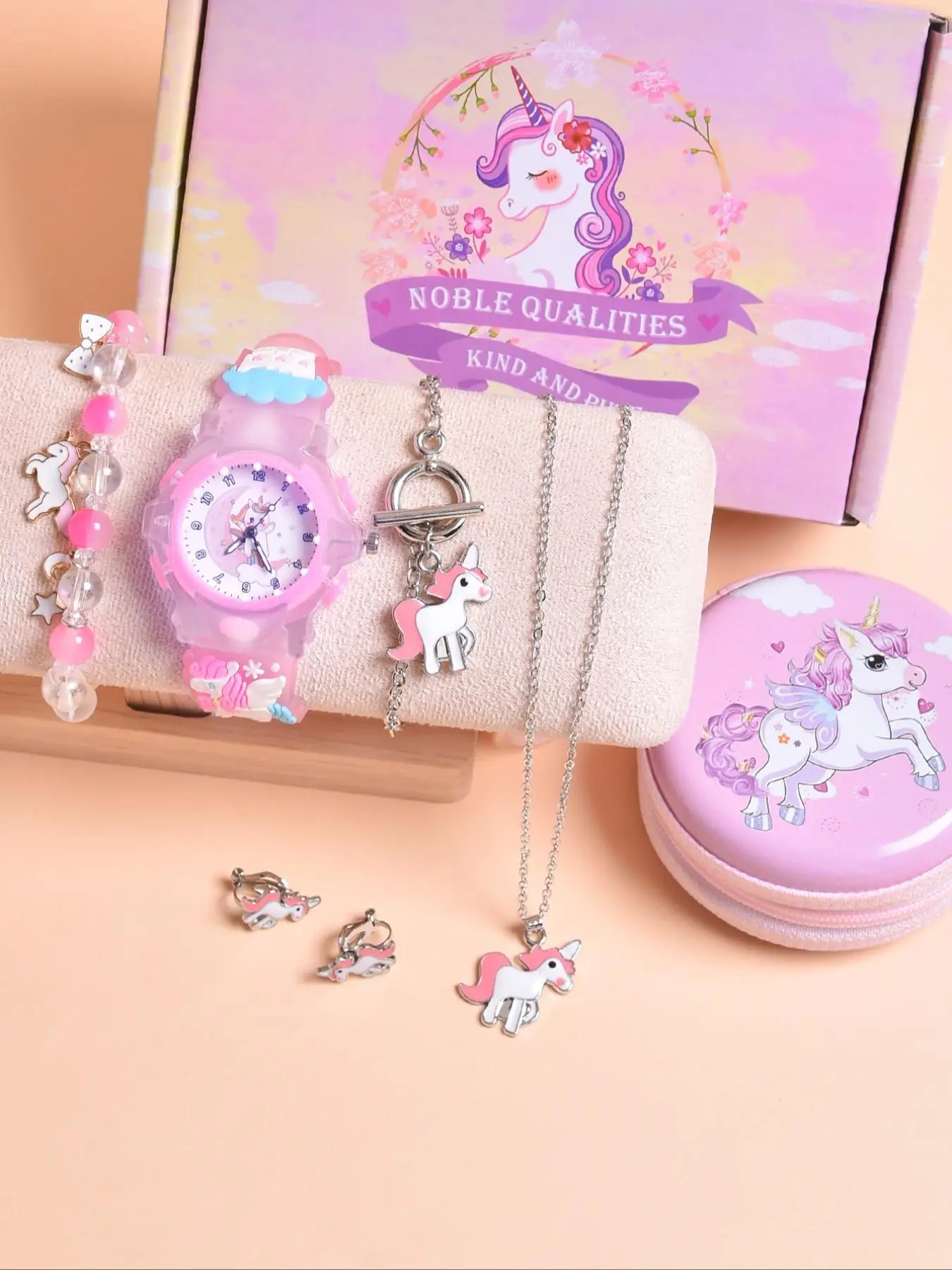 Cute Unicorn Design Quartz Watch & Jewelry Set, Including Watch, Bracelet, Necklace, Earrings, Bracelet, Fashionable Watch Set for Girls