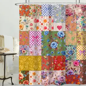 Vintage Patchwork Floral Shower Curtain Country Farmhouse Flower Bathroom Decor Cottagecore Floral Bath Curtain Waterproof Fabric Shower Curtain for Bathroom