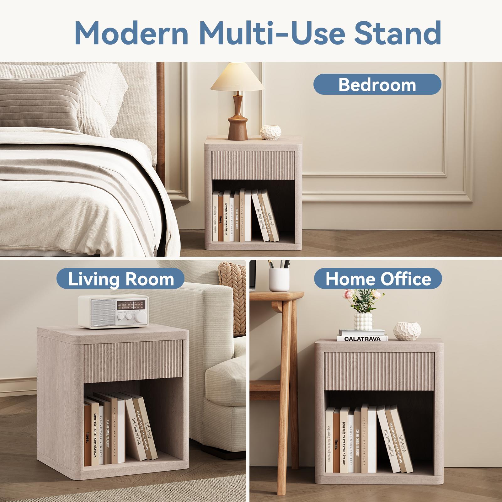 Mid-Century Modern Fluted Nightstand - 1-Drawer, 37mm Thick Body, 15 lbs Capacity, Durable Strong Construction, Open Shelf, Spacious Top, Particle Board Panel, Compact Indoor Bedroom Bedside Table Drawers for Small Spaces Mid-Century Modern Fluted Nightstand - 1-Drawer, 37mm Thick Body, 15 lbs Capacity, Durable Strong Construction, Open Shelf, Spacious Top, Particle Board Panel, Compact Indoor Bedroom Bedside Table Drawers for Small Spaces