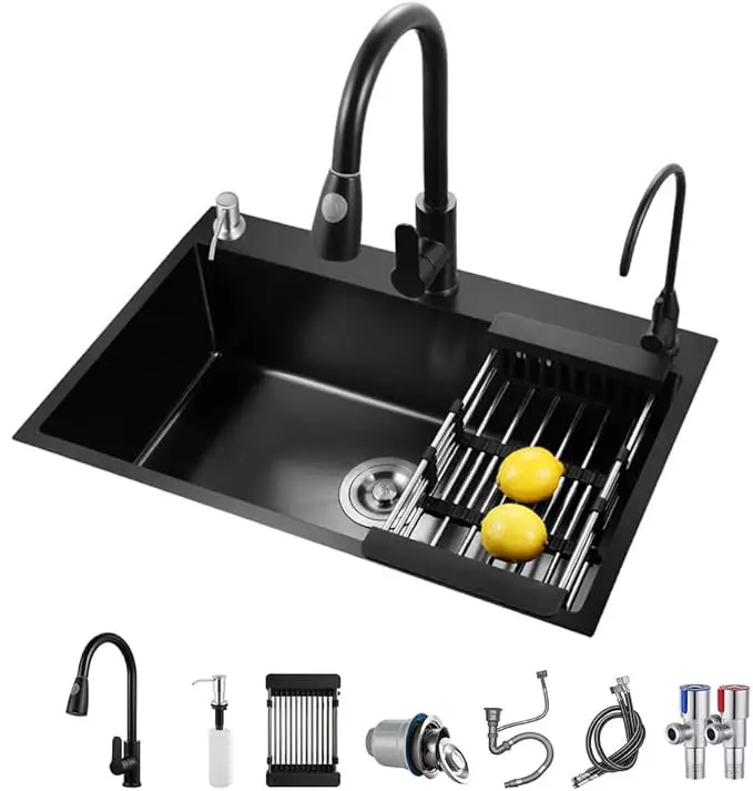 29.5 * 17.7 inch (approx. 74.9 * 45.0 cm) undermount kitchen sink, black steel single bowl sink, top-mount workstation sink with pull-out faucet, soap dispenser and drain basket